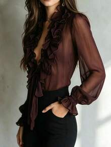 Autumn French Sweet Chiffon Slightly Sheer Ruffle V-Neck Tie-Front Draped Blouse Winter - Burgundy - View 3