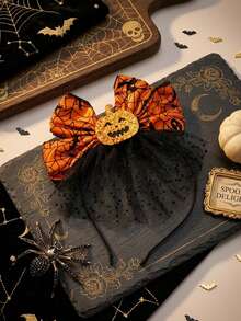 2pcs Halloween Pumpkin Spider Web Bow Headband & Spring Clip Set, Orange Tulle Hair Accessories For Women Girls Cosplay Party Gothic Costume Styling - Multicolor - View 3