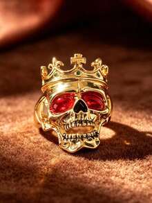 Vintage Crown Skull Men's Ring, Gold-Tone Red Eye Gemstone Embossed Band, Personalized Motorcycle Style Ring Accessory With Strong Vibe, Men's Daily Party Wear Jewelry, Halloween Gift - Multicolor - View 4