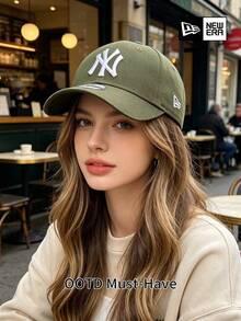NEW ERA White NY Logo Dad Hat, Army Green Curved Brim Hip-Hop Casual Sports Cap - Green - View 3