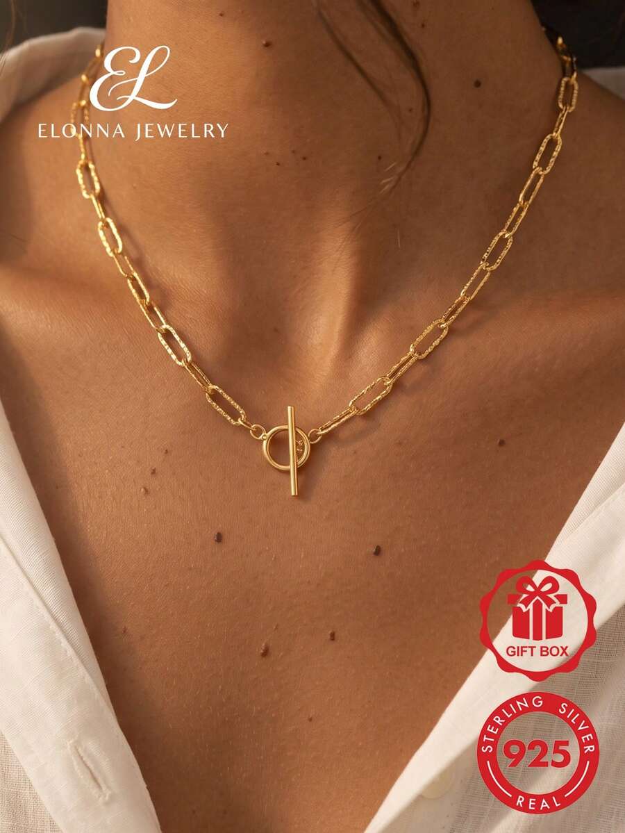 SYMFNY 1入組時尚純銀OT搭扣極簡鏈條樣式項鍊適合女士適用於日常通勤 - 金黃色 - 查看 1