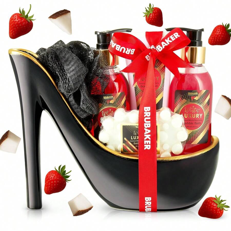 Cosmetics Luxus Cranberry Beautyset - 6-teiliges Bade- und Dusch Set - Geschenkset in Keramik Stiletto Rot - Schwarz - Übersicht 1