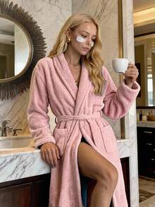 Bathrobe Soft Touch Contain Cotton Bathrobe For Women & Men - Made In Turkey, Lightweight, Absorbent, Comfortable Bath Robe - Baby Pink - View 3