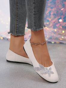 Women's Flat Shoes With Rhinestone Square Buckle, Soft Sole, Non-Slip, Versatile Round Toe, All-Season Wear - White - View 5