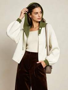 Women's Colorblock Front Button Hooded Cardigan Sweater, Casual Long Sleeve Knit Cardigan, Suitable For Autumn/Winter Daily Wear - White - View 2