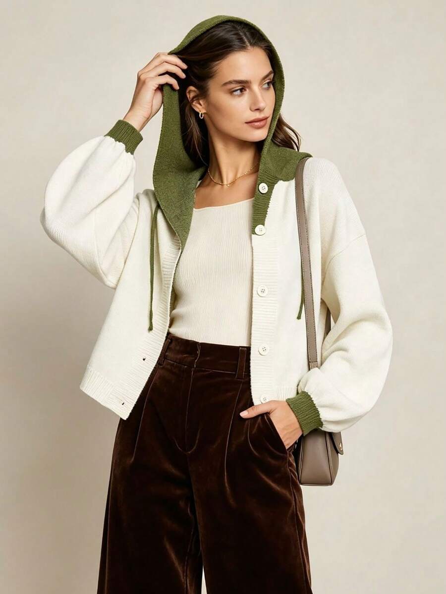 Women's Colorblock Front Button Hooded Cardigan Sweater, Casual Long Sleeve Knit Cardigan, Suitable For Autumn/Winter Daily Wear - White - View 1