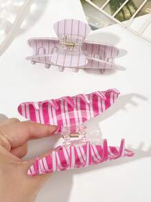 2pcs/Set Acetate Material Rose Pink Colorblock Striped Vertical French Vintage Minimalist Sweet Semi-Circular Hair Claw Tea Party Ball Beach Vacation Versatile Updo Hair Accessory - 2-piece Set - Rose Pink Vertical Stripes - View 5