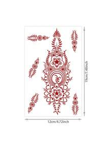 1張防水臨時假紋身貼，紅色海娜 Mehndi 曼陀羅花卉圖案紋身貼紙，異國風身體裝飾，適合女性手部、手腕、手指，婚禮使用 - 紅色 - 查看 5