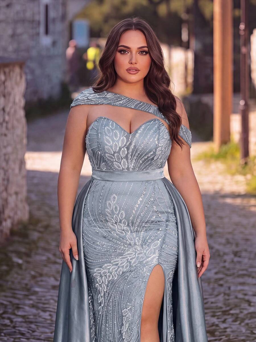 Plus Size Women's Romantic Sequin Maxi Dress Sleeveless Asymmetrical Neck, Thigh-High Slit, Beaded For Formal & Elaborate Parties - Dusty Blue - View 1