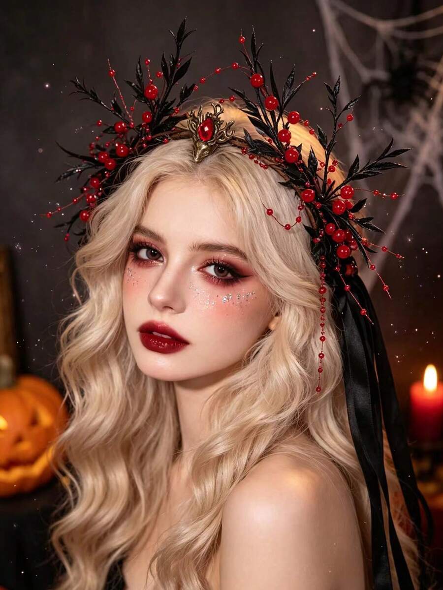 1pc Halloween Dark Festival Exaggerated New Style Vintage Artificial Flower Wreath With Forehead Pendant Headpiece Decoration - 58949 - View 1