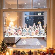 1pc Christmas Village Town Window Static Stickers, Winter Mini House Pine Tree Snowflake Scenery Design Reusable No Glue Removable Glass Decals For Home Store Cafe Front Door Xmas Winter Holiday Party Home Decorations. - Multicolor - View 7