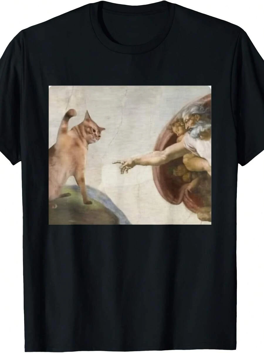 Funny Cat God Creation Of Adam Meme Michelangelo Jesus Art T-Shirt - 款式 - 查看 1