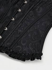 Yuwenier Romantic Black Corset Top Off Shoulder Jacquard Ruffle Trim Long Bow Button Front Boneed Grommet Eyelet Shapewear For Dinner Party Halloween - Hitam - View 8
