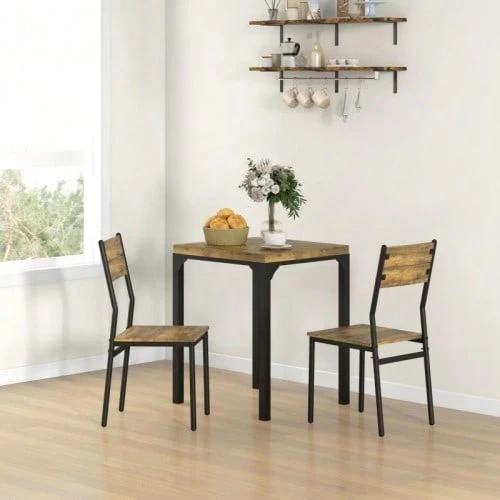3-Piece Dining Set, Dining Table Set, 1 Table, 2 Chairs, MDF+Metal, Brown - 鄉村棕色 - 查看 1