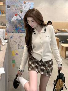 Autumn/Winter New Design Striped Polo Collar Preppy Style Knit Sweater Long Sleeve Women Sweet Girl Contrast Color Top Slim Fit Pullover Fall - Apricot - View 2
