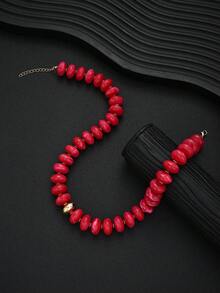2/1pc Minimalist Bohemian Style Chunky Acrylic Red Beaded Necklace Set, Round Collarbone Necklace For Women, Suitable For Daily Wear, Date, Party, Summer Beach Vacation, Perfect Birthday Gift For Best Friend (Bead Quantity Random + Slight Color Difference) - Red + Magenta - View 4