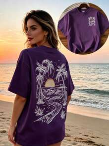Letter Print T Shirt Women, Casual Loose Fit Round Neck Short Sleeve T-Shirt, Summer Graphic Tee, Basic Slogan Top, Everyday Wear, Women's Casual Tee - 紫色 - 查看 1