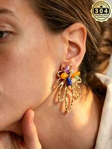 1 Pair Women's Colorful Natural Stone Stainless Steel Earrings, 18K Gold Plated, Hollow Flower Design, Women's Stainless Steel Jewelry, Stainless Steel Material Resistant To Fading And Hypoallergenic, Women's Jewelry, Women's Accessories, Best Gift Choice - Style 1 - View 2