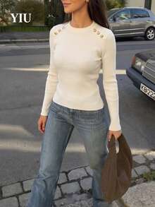YIU Elegant Women's Autumn Ribbed Knit Top, Long Sleeve Round Neck High Elasticity Top With Gold Shoulder Decoration - White - View 9