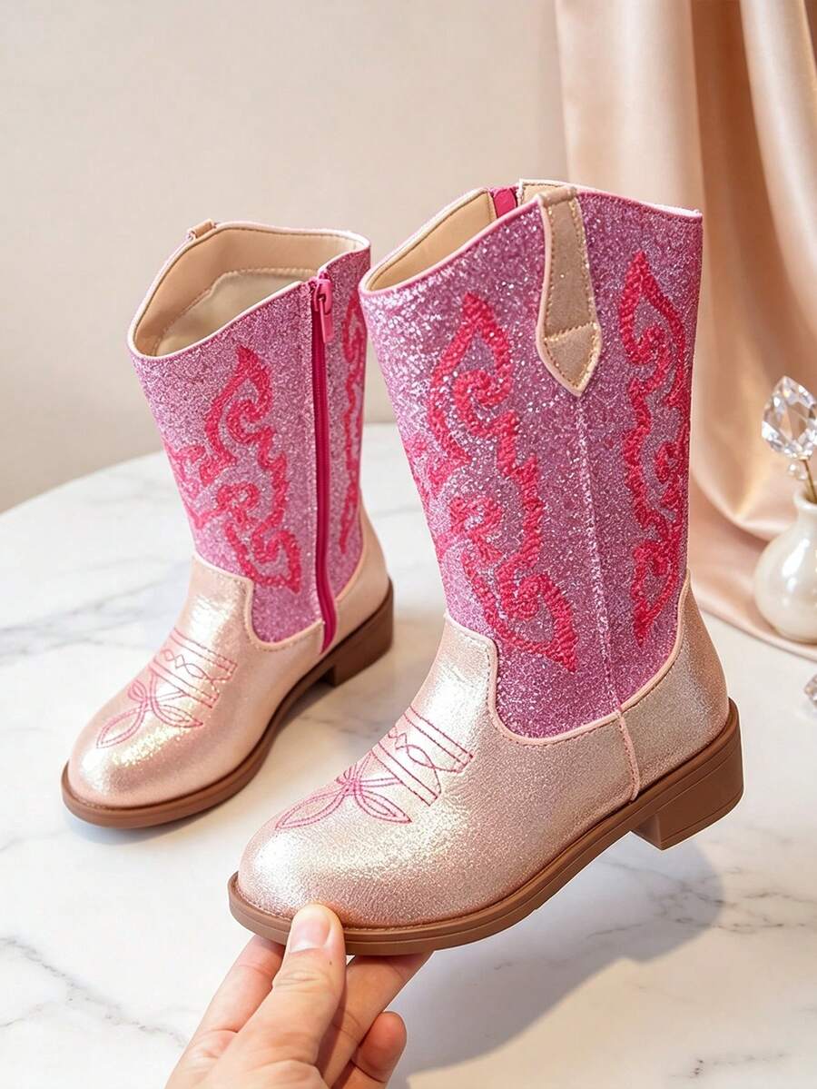 1 Pair Pink Fashion Classic Pointed Toe Western Boots, Soft PU Glossy Exquisite Embroidered Pattern Girls Cowboy Boots, Inner Zipper Low Chunky Heel Design, Suitable For Mid-To-Large Girls Daily School, Outings, Versatile, Autumn/Winter New - Hot Pink - View 1