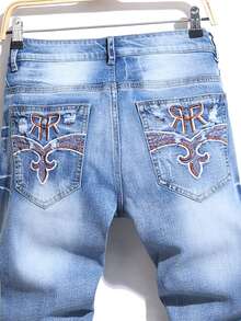 Men's Slim Fit Elastic Washed Denim Pants Embroidered Pattern Suitable For Daily Commuting In All Seasons - Light Wash - View 4