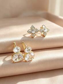 4pcs/Set Luxury Elegant Copper Inlaid Zirconia Geometric Petal Round Ear Studs, Sophisticated Women's Earrings For Party, Date, Gift - Multicolor - View 7