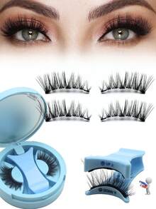 Beginner‑Friendly 1 Pair 6-14mm Magnetic False Eyelashes, Reusable Strip Lashes Complete Kit With Applicator Tool & Mirror‑Included Portable Case - Black - View 1