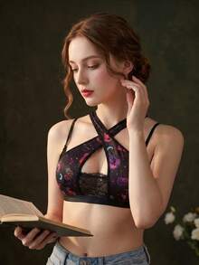 1pc Halloween Pumpkin Print Women's Lace Patchwork Wireless Bra - Black - View 4