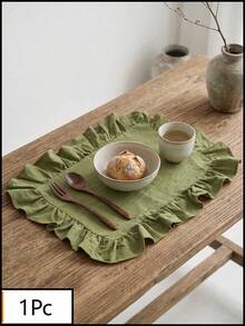 1pc Olive Green Solid Color Ruffle Trim Placemat, Natural Rustic Style Fabric Material Square Shape With Ruffle Trim Detail, Stain-Resistant Tabletop Protection And Decorative Function, Suitable For Daily Home And Natural Dining Table Setting - Green - View 15