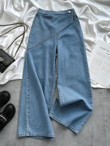 1pc Girls Spring/Autumn Denim Jeans, Asymmetrical Rolled Waistband Single Button Design Loose Wide Leg Denim Pants - Medium Wash - View 4