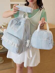 Fresh Artistic Style, Gentle Atmosphere, Plaid Single Piece Backpack Set, Lace Splicing Design, Large Capacity, Simple And Fashionable Backpack. - Multicolor - View 3