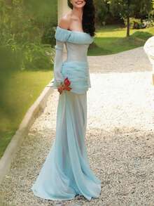 Top Dazzle Women's Casual Elegant Knit Open Shoulder Long Sleeve Fitted Backless Maxi Dress, Suitable For Prom - Blue - View 4