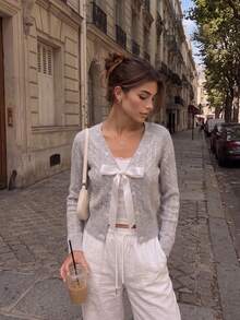 JustMiss Women's V-Neck Front Tie Bow Cable Knit Casual Cardigan Sweater, Autumn/Winter - Light Grey - View 7
