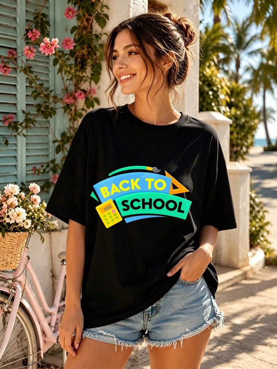 Unisex-T-Shirt mit geometrischem Druck, Rundhalsausschnitt, kurzen Ärmeln, für Damen, erste Wahl für den Campus, Geschenk-T-Shirt - Schwarz - Übersicht 1