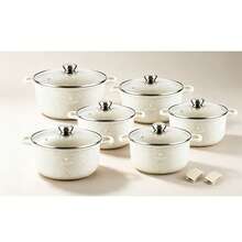 12-Piece Marble Pattern Aluminum Cookware Set With Glass Lids, Cream White Cooking Pot Set, Cream White - View 4
