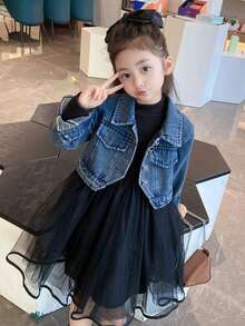 Girls Cute Fashion Denim Jacket & Dress Set, Casual Denim Outfit For Spring And Autumn - Medium Wash - View 5