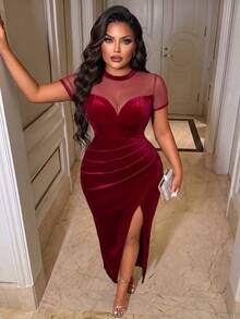 BIUBIU Plus Size Women's Elegant Maxi Dress, Round Neck Short Sleeve High Slit, Fitted Pleated Bodycon Prom Dress, Hoco Formal - Red - View 8