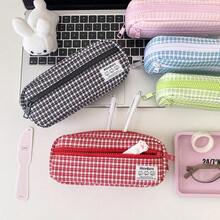 Estuche de lápices minimalista a cuadros, diseño de capas de gran capacidad con doble cremallera, almacenamiento organizado con amplio espacio, opciones de colores frescos y variados, adecuado para el almacenamiento diario de los estudiantes - A - Ver 2