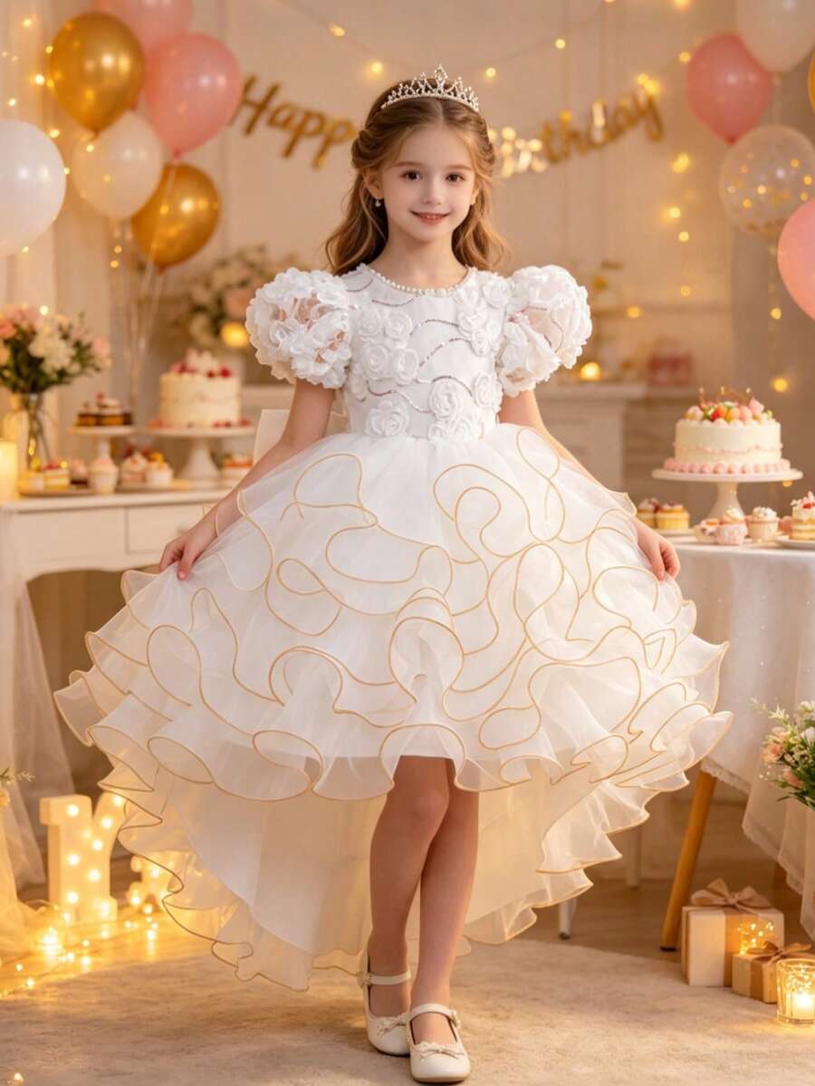 少女花卉泡泡蛋糕裙擺公主禮服,女童婚禮花童裙,適用生日派對、節日、時裝秀、鋼琴表演、晚禮服 - 白色 - 查看 1