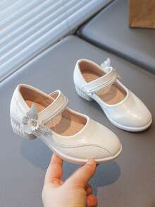Girls' Rhinestone Bow High-Heeled Princess Leather Shoes - Beige - View 5