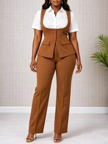 Bộ vest 2 món nữ màu nâu gồm áo gile sát nách cổ chữ U cài nút, buộc dây sau lưng và quần ống đứng cạp cao, trang phục công sở lịch sự đi làm - màu nâu - Xem 7