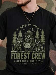 Camiseta gráfica para hombre con estampado de animales de aventura en el bosque, diseño retro de guardabosques, ropa casual para exteriores, ropa de otoño, cómoda para uso diario, entrega lo - Negro - Ver 1