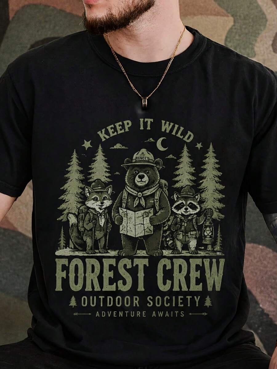 Camiseta gráfica para hombre con estampado de animales de aventura en el bosque, diseño retro de guardabosques, ropa casual para exteriores, ropa de otoño, cómoda para uso diario, entrega lo - Negro - Ver 1