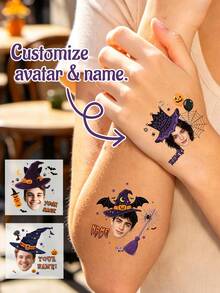 12-300pcs Custom Photo Temporary Tattoo, Personalized Halloween Fake Tattoo With Name, Spooky Witch Bat Pumpkin Party Style, Customized Portrait Body Sticker, Customizable Picture & Name Halloween Party Favor, Costume Event Decor, Unique Holiday Gift - Rust - View 2