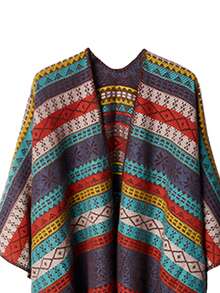CAMEL CROWN Women's Bohemian Style Tassel Shawl Cape Open Front Knit Poncho Cardigan, Geometric Stripe Oversized Ruana Sweater, Autumn/Winter Travel Casual - Peacock Blue - View 2