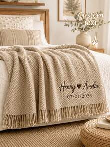 1PC Customizable Embroidered Tassel Knit Throw, Custom Text & Important Date Embroidery Available In 6 Colors,For Relaxing Home Rest & Household Space Layout, Great For Family Members, Meaningful Holiday Celebration Gift Selection - Multicolor - View 2