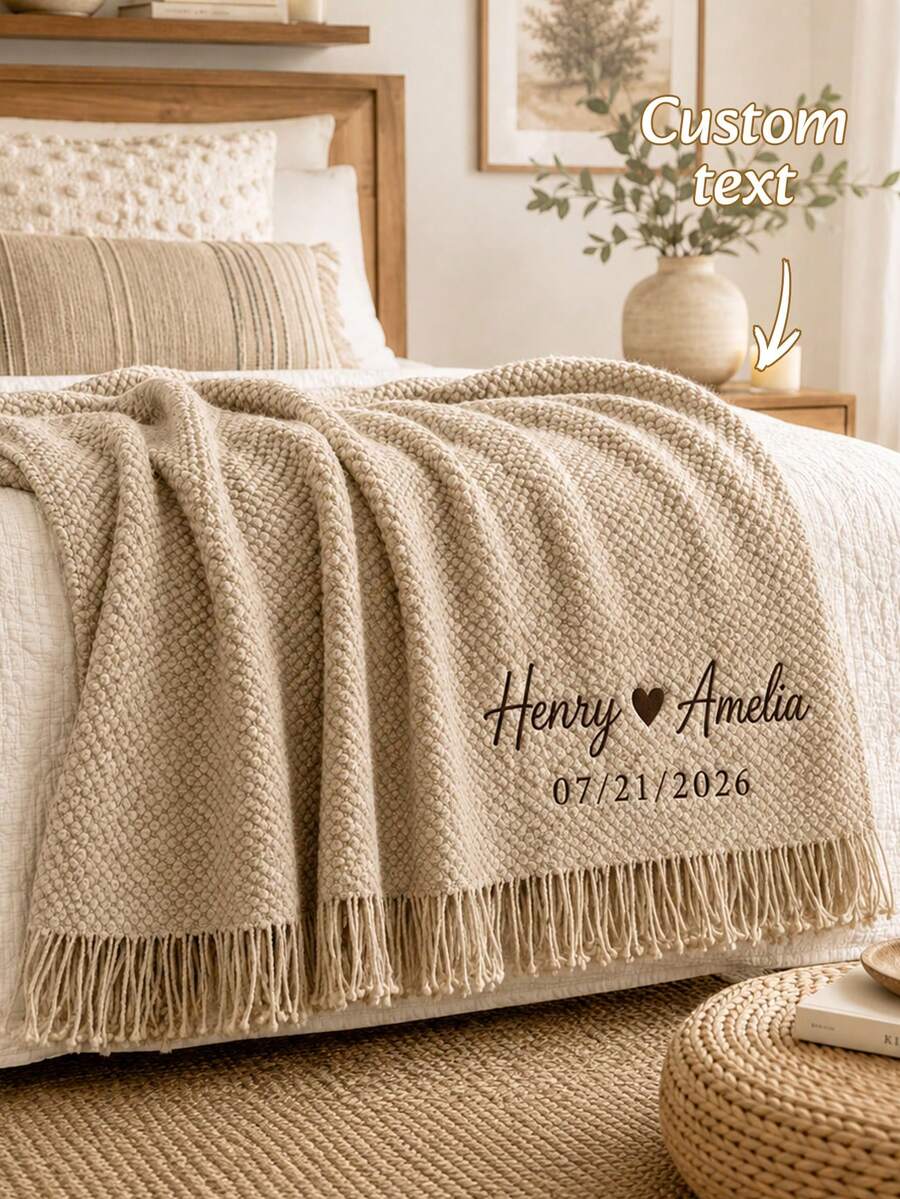 1PC Customizable Embroidered Tassel Knit Throw, Custom Text & Important Date Embroidery Available In 6 Colors,For Relaxing Home Rest & Household Space Layout, Great For Family Members, Meaningful Holiday Celebration Gift Selection