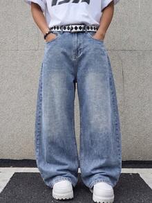 1pc American Vintage Washed Loose Wide Leg Men's Jeans, Non-Stretch Snowflake Wash Process - Blue - View 5