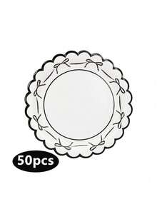 10/20/50pcs Bow Pattern Disposable Party Plates, Scalloped Edge Black Red Paper Cake Plates Dessert Plates With Ribbon Design, Party Tableware Supplies For Birthday, Wedding, Bridal Shower, Baby Shower, Anniversary, Holiday Celebration - View 12