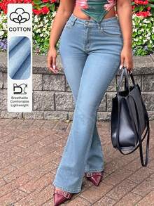 Classic Mid-Rise Flare Leg Washed Women's Jeans, Suitable For Commuting, Casual Vacation, Dating - Light Wash - View 2